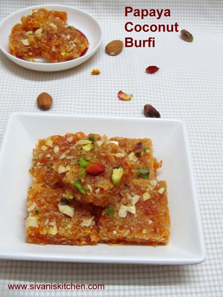 Papaya Coconut Burfi/Boppai Kobbari Burfi - How to prepare Papaya Coconut Burfi - Burfi Recipes